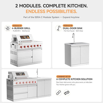 SERA C 4-Burner Propane Modular Outdoor Kitchen with Dual Sink | 75,300 BTU + side burner for sauces, dual-door sink with pull-out faucet, 304 ss, soft-close, locking casters, patio backyard