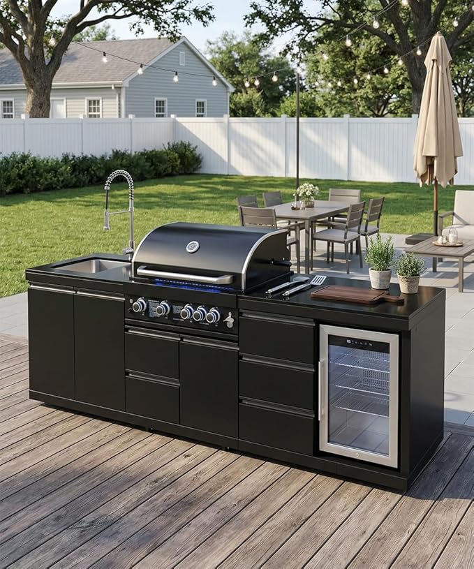 BBQ Outdoor Kitchen Island Grill Barbecue Modular Patio Kitchens Kits with Electric Rotisserie, Sink, fridge, and Burner for More than 10 People