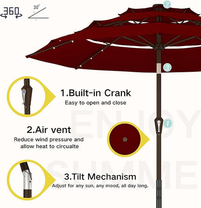 Kingdura 9ft 3-Tier Patio Umbrella with Solar Lights, Table Umbrella Outdoor Patio with Easy Crank & Tilt, 8 Sturdy Ribs, UV Protection, 32 LED Lights for Deck, Poolside, Market (Dark red)