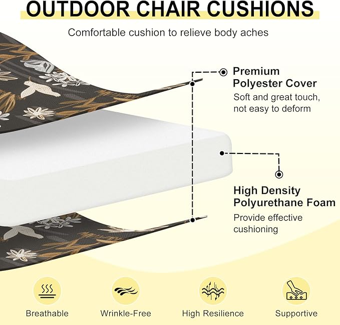 downluxe Outdoor Chair Cushions Set of 4 for Patio Furniture, Water-Resistant Patio Chair Cushions with Ties, High Density Foam Outdoor Seat Cushion, 17" X 16" X 2", Nightbird