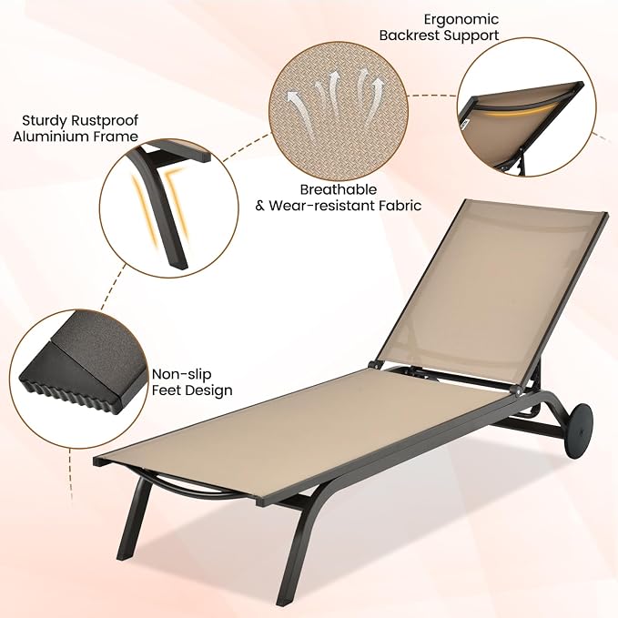 COSTWAY Outdoor Patio Chaise Lounge, 6-Position Adjustable Pool Lounger | with Stable Aluminum Frame, Portable Sun Bathing Lounge Chair on Wheels for Backyard Garden, Brown