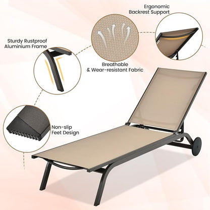 COSTWAY Outdoor Patio Chaise Lounge, 6-Position Adjustable Pool Lounger | with Stable Aluminum Frame, Portable Sun Bathing Lounge Chair on Wheels for Backyard Garden, Brown