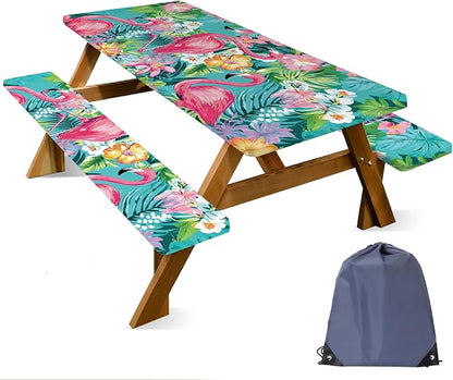 FOREVER QUEEN Tropical Flamingo Floral Picnic Table Cover with Bench Covers 3Pcs Set,72x30 Inch Fitted Rectangle Camping Tablecloth,Waterproof Windproof Outdoor Table Cover for Patio Backyard Camping