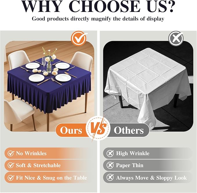 PARTISKY Navy Blue Spandex Square Tablecloths 34x34 Inch, 2 Pack Wrinkle Free Fitted Card Table Cloth Stretch Square Table Cover for Kitchen Dinner, Holiday Party, Wedding Banquet, Display Trade Show