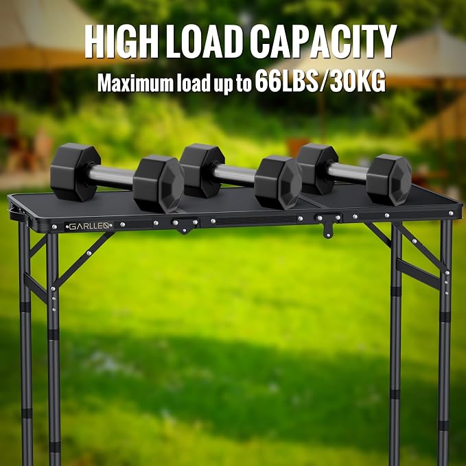 GARLLEN Folding Camping Table Max Capacity 66lbs, 3-Height Adjustable Portable Camping Table with Storage Bag, Lightweight Aluminum Picnic Table for Outdoor, Beach, BBQ, 34.2" L x 15.7" W, Black