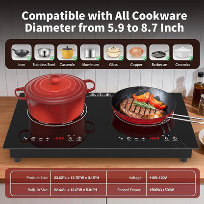 VBGK Electric Cooktop,24 Inch Electric Stove Top 110V 3000W with LED touch Control,8 Power Levels, Kids Lock & 4H Timer,Overheat Protection stove,2 burner cooktop