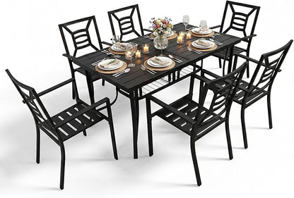 7 Pieces Patio Dining Set for 6, Large 60" Outdoor Metal Table with Universa Umbrella Hole & Stackable Iron Chairs, Patio Furniture Set for Deck, Backyard, Yard, Porch