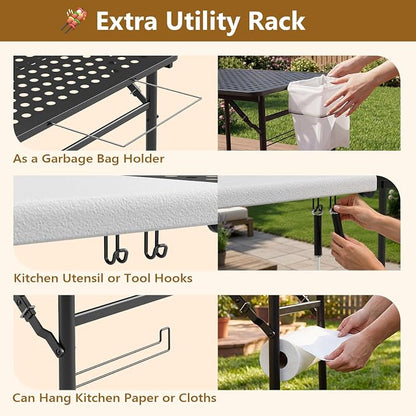 5FT Folding Table, Camping Table for Grill with Solid＆Metal Grid Grilling Surface, BBQ Prep Table Portable with Carry Handle for Party Cooking, Camping, Backyard, Beach and Patio Use