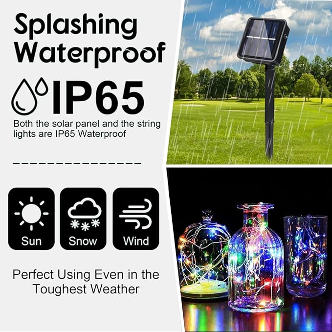2 Pack Total 200 LED 66FT Solar Powered Copper Wire String Lights Outdoor, Waterproof, 8 Modes Fairy Lights for Garden, Patio, Party, Yard, Christmas (Multicolor)