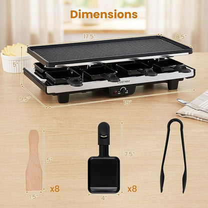COSTWAY Raclette Grill for 8, 2-in-1 Table Grill & Griddle with Reversible Nonstick Plate, 8 Cheese Pans, 8 Wooden Spatula, Tong & Adjustable Temp Control, 1400W Electric Griller for Indoor & Outdoor