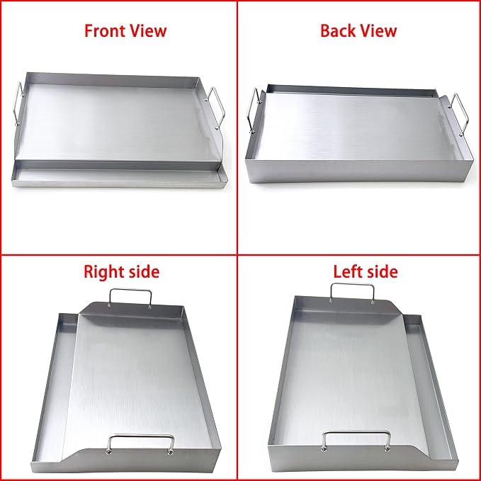 Parts DS126 Stainless Steel BBQ Cooking Griddle, Universal Flat Top Griddle with 2 Handles for Most Gas Grills, W18"×D12.5"×H2.75", Heavy Duty Stainless Steel Griddle 1pc, Middle size