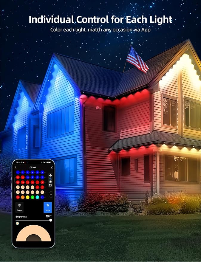 APPECK Permanent Outdoor Lights 50FT with 36 LEDs, Smart Eaves Lights RGBW | Waterproof Outdoor String Lights, 110+ Scene Modes, 40LM Warm White, for Daily/Holiday Decor, App/Voice/Remote Control, Black