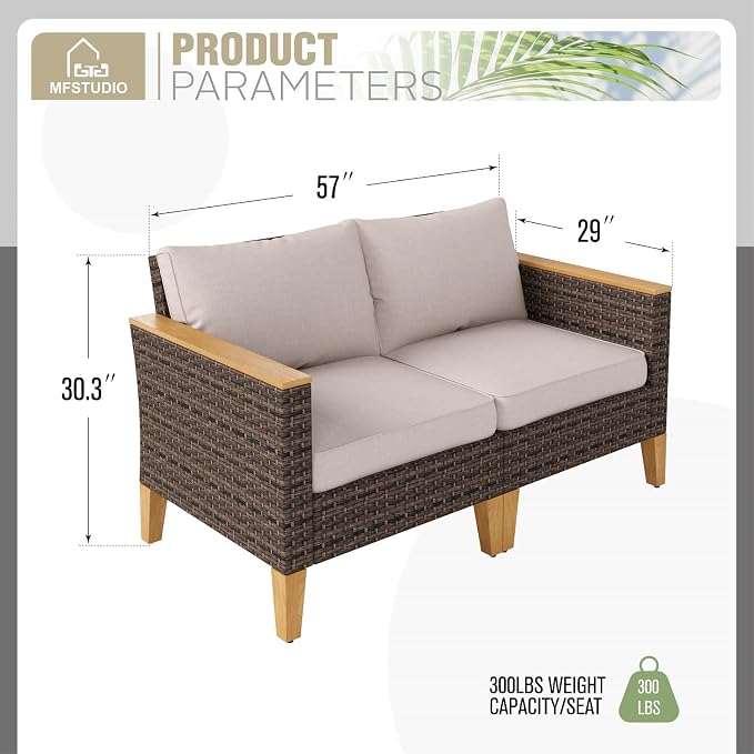 MFSTUDIO 2 Pieces Rattan Patio Furniture Set, Outdoor Wicker Loveseat Sofa Set for Backyard(White)