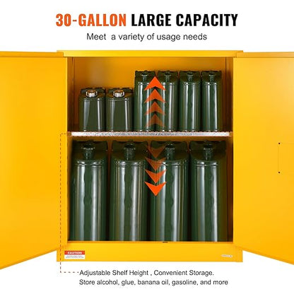 VEVOR Flammable Cabinet 18" x 43" x 50", Cold-Rolled Steel Flammable Liquid Storage Cabinet 34 Gal with 2 Adjustable Shelves/2 Manual Closing Doors for Industrial Use, Yellow