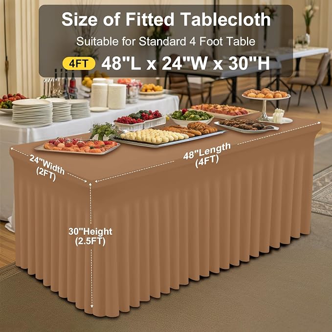 Smiry Spandex Elastic Fitted Table Cloth Skirt for 4FT Rectangle Table | Stretch Washable Table Cloth, Banquet Table Cover for Wedding, Party, Indoor & Trade Shows, (Khaki, 48Lx24Wx30H)