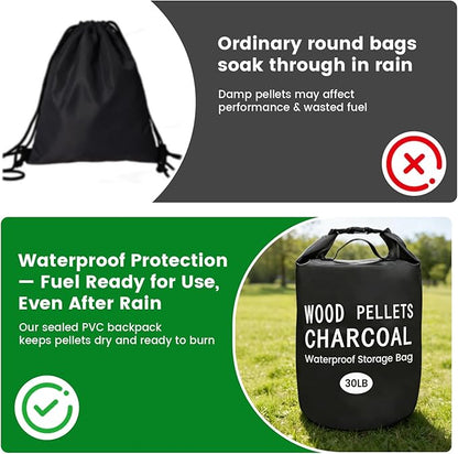 30LB Waterproof Wood Pellet Storage Bag, Heavy Duty 500D PVC Charcoal & Grill Pellet Bag with Dual Shoulder Straps & Carry Handles, Foldable BBQ Fuel Storage with Buckle Seal, Label Pocket & Scoop