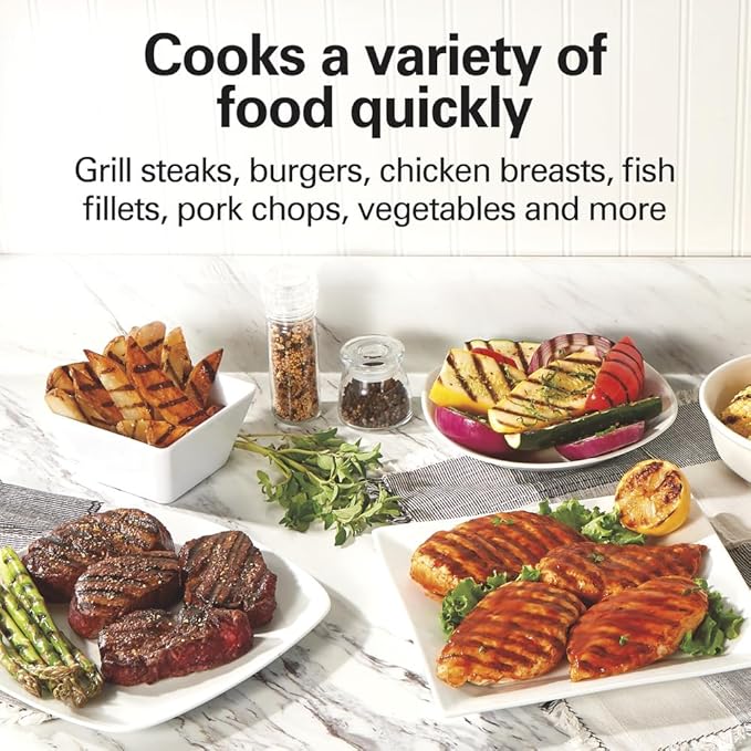 Hamilton Beach Electric Indoor Grill, 6-Serving, Large 90 sq. in. Nonstick Easy Clean Plates, Floating Hinge for Thicker Foods, 1200 Watts, 6.38"D x 12.68"W x 13.78"H, Silver (25371), (Pack of 2)
