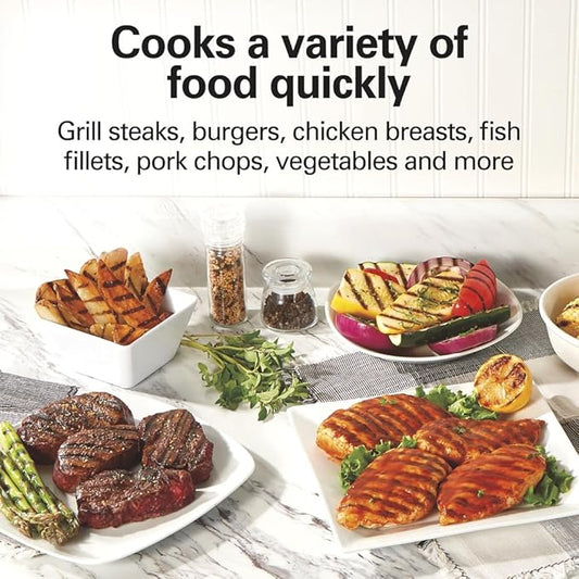 Hamilton Beach Electric Indoor Grill, 6-Serving, Large 90 sq. in. Nonstick Easy Clean Plates, Floating Hinge for Thicker Foods, 1200 Watts, 6.38"D x 12.68"W x 13.78"H , Silver (25371)