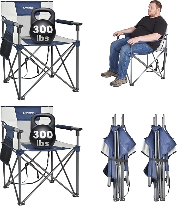 Alvantor 2PC Heavy Duty Folding Camping Chair, 300LBS Support Portable Outdoor Chair for Adults Big & Tall, Breathable Mesh, Wide Seat, Sturdy Armrests with Storage Pocket for Camping, Sports Events
