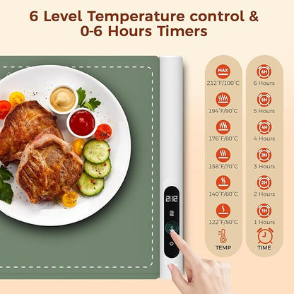 Newise Graphene Warming Mat for Food - Fast Full Surface Heating Electric Warming Tray, Portable Food Warmer for Parties Buffet with 6 Temperature and Timer Settings, Gifts for Mom Wife, Green