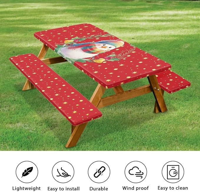 Camping Tablecloth with Elastic Band for Camping Party Supplies Christmas Snowman Picnic Table Cover with Bench Covers 3 PCS