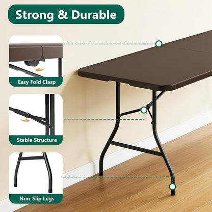 2 Pack 6ft Folding Table, Foldable Picnic Table Portable Table for Indoor Outdoor Use Heavy Duty Plastic Table Camping Table with Carry Handle for Party, BBQ, Brown