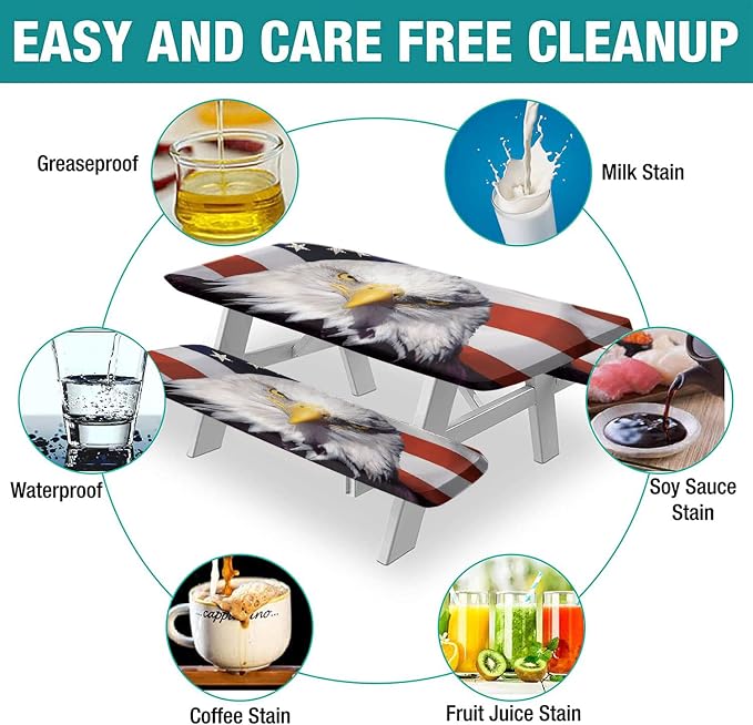 American Flag Picnic Fitted Tablecloth with Benches Covers, 4th of July USA Flag Elastic Edge Fitted Table Cover, 28x72 Inch, 3 Piece Set, for Summer Spring Picnics Dinner, Red Blue