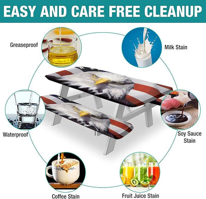 American Flag Picnic Fitted Tablecloth with Benches Covers, 4th of July USA Flag Elastic Edge Fitted Table Cover, 28x72 Inch, 3 Piece Set, for Summer Spring Picnics Dinner, Red Blue