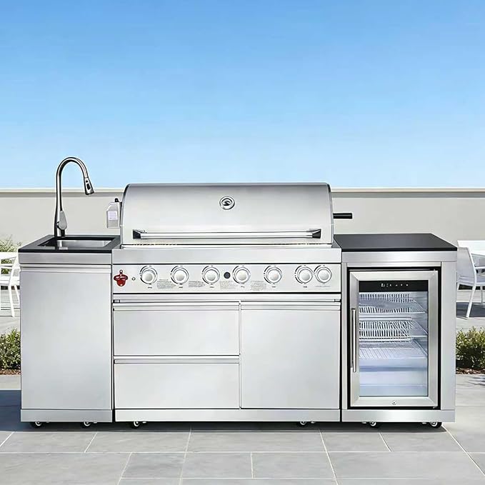 82" Modular Outdoor Kitchen Island with Grill, 6-Burner 83,500 BTU Propane BBQ Island, 304 Stainless Steel, Refrigerator, Sink & Rotisserie, for Backyard and Patio Cooking, Silver