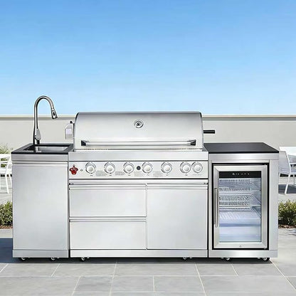 82" Modular Outdoor Kitchen Island with Grill, 6-Burner 83,500 BTU Propane BBQ Island, 304 Stainless Steel, Refrigerator, Sink & Rotisserie, for Backyard and Patio Cooking, Silver