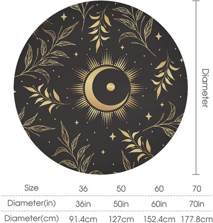 Sun Moon Round Tablecloth Vintage Boho Astrology Gold Celestial Star Crescent Galaxy Space Table Cloth Water Resistant Wipeable Table Cover for Picnic Party Kitchen Dinner Table 36"