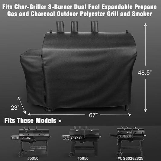 Grill Cover for Char-Griller 3 Burner Dual Fuel 5050 5650 CG30282825, for Char Griller Smoker Charcoal Grill Cover, 600D Waterproof BBQ Cover