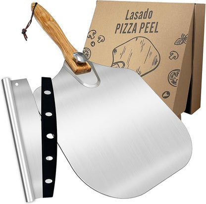 2Pcs Aluminum Pizza Peel Set | 12"×14" Metal Pizza Paddle (Foldable Wooden Handle) + Rocker Cutter | Pizza Box Packaging, Gift-Ready for Baking Lovers