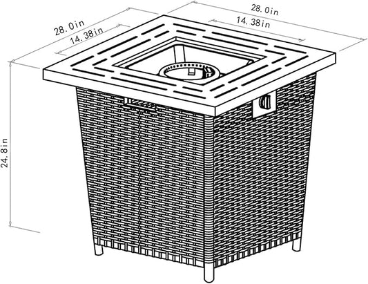 KEIKI 28 Inch Wicker Propane Fire Pit Table, Square Outdoor Gas Firepit with Rattan Base, 50000 BTU Patio Heater with Lid and Lava Rocks