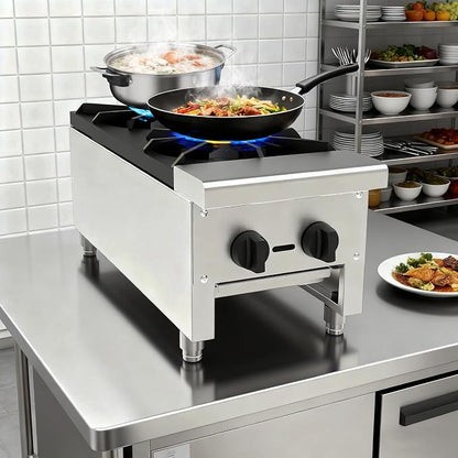 Commercial 2 Burner Countertop Stove Range, NG/LP Convertible, Stainless Steel Hot Plate with Cast Iron Grates, 56,000 BTU Professional Restaurant Foodservice Cooking Equipment Cooker