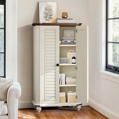 DWVO 45.2" Farmhouse Kitchen Pantry Cabinet wth 2 Shutters-Doors, White | 4-Tier Storage Cabinet, Adjustable Shelves, Wooden Tool Cabinet for Dining Room, Bathroom, Living Room, Laundry Room, Office