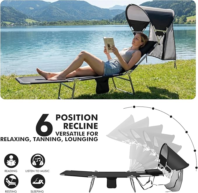 Backpack Beach Tanning Lounge Chair with Canopy Shade Face Hole Padded Adjustable Washable, 6 Position Layout Chair for Outside Sunbathing Poolside Lawn, UPF 50+ Wind-Resistant Sun Shade, 2Pack