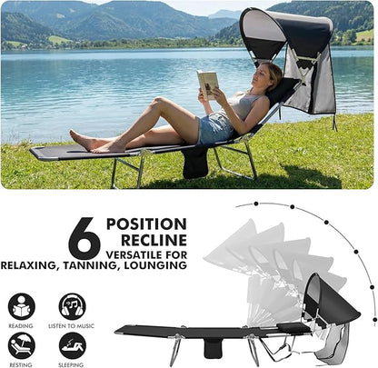 Backpack Beach Tanning Lounge Chair with Canopy Shade Face Hole Padded Adjustable Washable, 6 Position Layout Chair for Outside Sunbathing Poolside Lawn, UPF 50+ Wind-Resistant Sun Shade, 2Pack