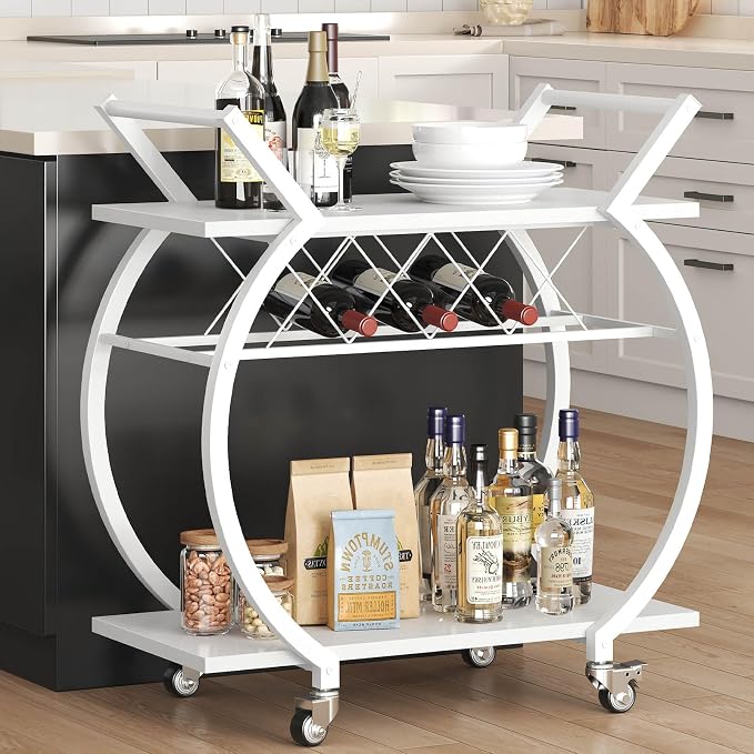 LVB White Bar Cart, Modern Rolling Serving Wine Cart with Storage for Home | Coffee Liquor Drink Cart with Wheels, Wood and Metal Kitchen Microwave Beverage Cart, Drink Liquor Cart for Dining Room