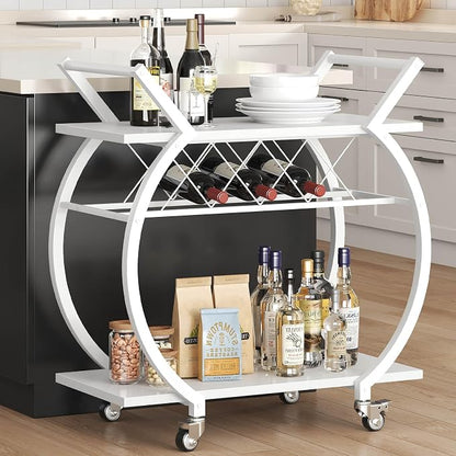 LVB White Bar Cart, Modern Rolling Serving Wine Cart with Storage for Home | Coffee Liquor Drink Cart with Wheels, Wood and Metal Kitchen Microwave Beverage Cart, Drink Liquor Cart for Dining Room