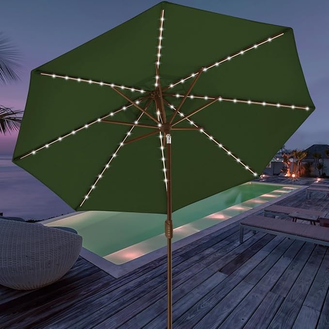EliteShade USA 10-Year-Non-Fading 9ft Market Patio Umbrella, Commercial Grade Table Sun Umbrella with 80 Solar LED Lights, Crank Open, Windproof & UPF 50+ UV Protection for Garden, Deck, Pool, Backyard, Fern