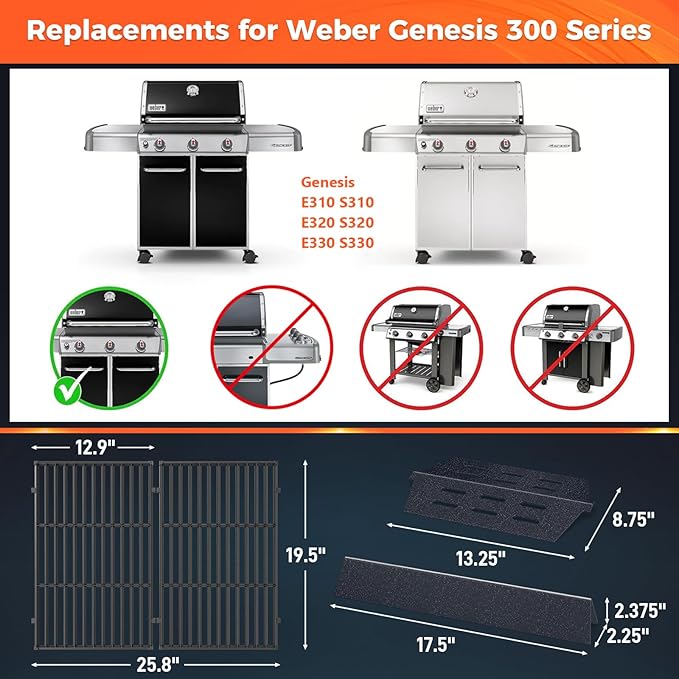 Grill Parts for Weber Genesis 300 Grills with Front Control Knob, Grill Grates for Genesis E310 S310 E/S320 E/S330, 17.5" Flavorizer Bars&Heat Deflectors, 19.5" Grill Grates for Weber 7524 7621 65505