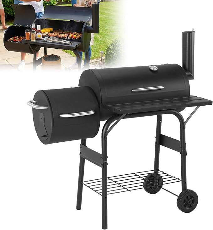 Generic Offset Smoker Charcoal Grill 192 Sq. In. Cooking Surface Wheels Barbecue Cooker Extra Large Smoker Grills All Metal Steel Warming Rack for Outdoor Garden Patio & Backyard Cooking