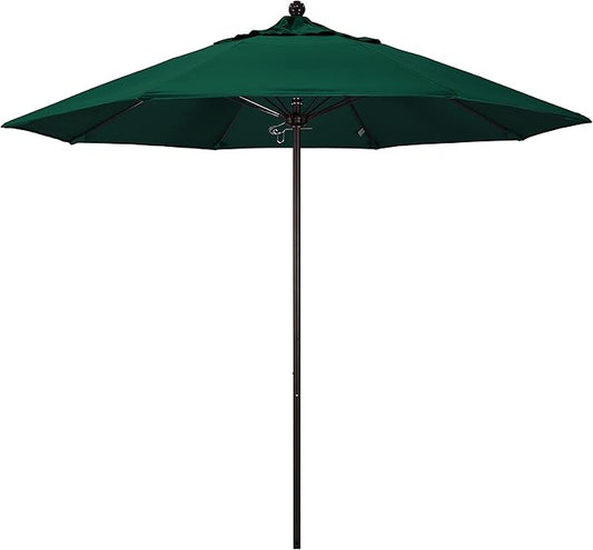California Umbrella 9' Round Aluminum/Fiberglass Umbrella, Push Open, Bronze Pole, Sunbrella Forest Green