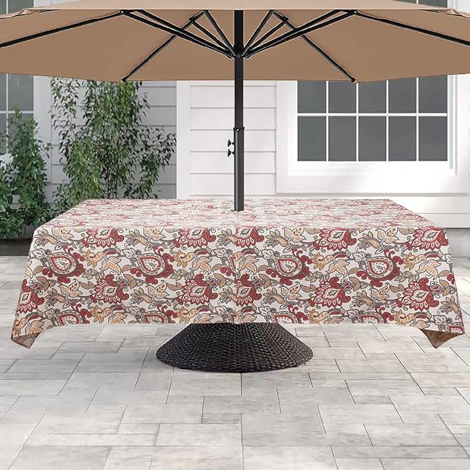 60"x84" Rectangle Tablecloth with Umbrella Hole and Zipper, Washable Waterproof Wrinkle Free Zippered Patio Table Cloths Table Covers for Spring, Party, Backyard, Picnic, BBQS(Botanical Red Orange)