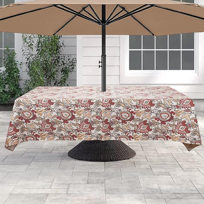60"x84" Rectangle Tablecloth with Umbrella Hole and Zipper, Washable Waterproof Wrinkle Free Zippered Patio Table Cloths Table Covers for Spring, Party, Backyard, Picnic, BBQS(Botanical Red Orange)