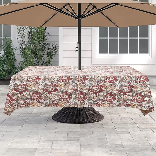 60"x84" Rectangle Tablecloth with Umbrella Hole and Zipper, Washable Waterproof Wrinkle Free Zippered Patio Table Cloths Table Covers for Spring, Party, Backyard, Picnic, BBQS(Botanical Red Orange)