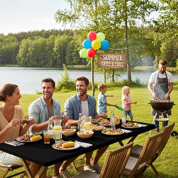 Smiry 7 Pack Rectangle Picnic Table Cloth, Waterproof Elastic Fitted Tablecloths for 6 Foot Tables, Washable Polyester Table Cover for Camping, Indoor and Outdoor (Black, 30"x72")