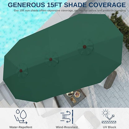 15FT Large Patio Umbrella with Base, Double Sided Rectangular Outdoor Umbrella with Sturdy Fiberglass Ribs, UPF 50+ Sun Protection, Wind-Resistant, Waterproof Fade-Resistant Fabric for Pool, Garden, Backyard, Deck(Dark Green)