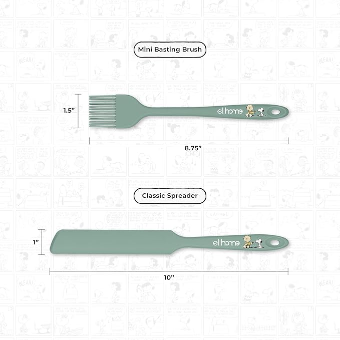 Elihome × Peanuts Silicone Basting Brush (8.75”) – Heat Resistant to 600°F, Food-Grade Platinum Silicone, Seamless 1-Piece Design, Non-Stick Safe, Dishwasher Safe, Sage Green
